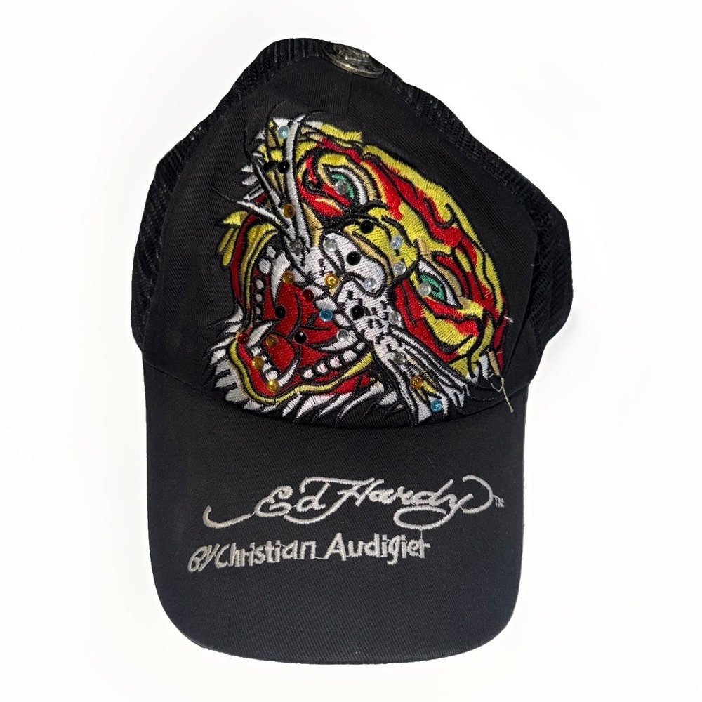 Ed Hardy Christian Audigier Tiger Rhinestone Trucker Hat Black Mesh Snapback Y2K